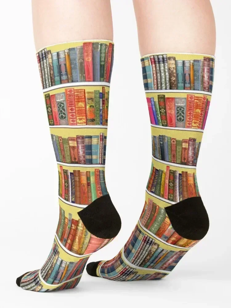 Christmas books, christmas library, Vintage Bookshelf on yellow Socks shoes Men's Lots Wholesale Women Socks Men's
