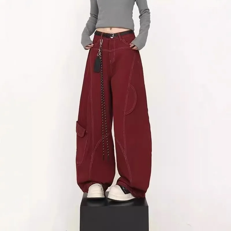 Spring Autumn Retro Red Stitched Workwear Women's Jeans Curved Knife Wide Leg Pants Loose Scythe Design Sensation Trousers