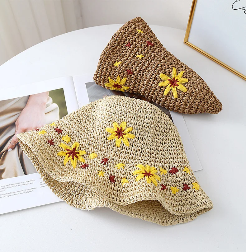 Simple Flower Handmade Crochet Bucket Hat For Women Outdoor Foldable  Summer Beach Sunshade Breathable Paper Straw Fisherman Cap