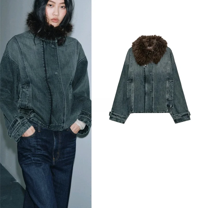 

Winter New Women's Simple Sle Long Sve Collarl Denim Pilot Jaet Coat ort Length Button Closure Polyester Fiber
