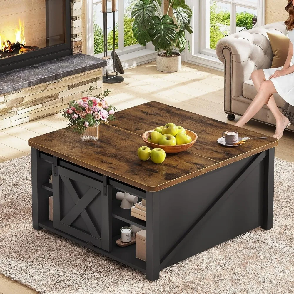 Lift Top Coffee Table with Sliding Barn Door &Storage Shelf, Square Coffee Table
