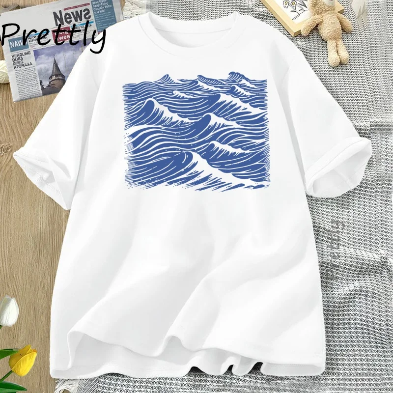 Vintage Ocean Sea T-Shirt Women Men 90s Print Waves Style Graphic Tee Coastal Beach Sailing Tshirt Cotton Short Sleeve