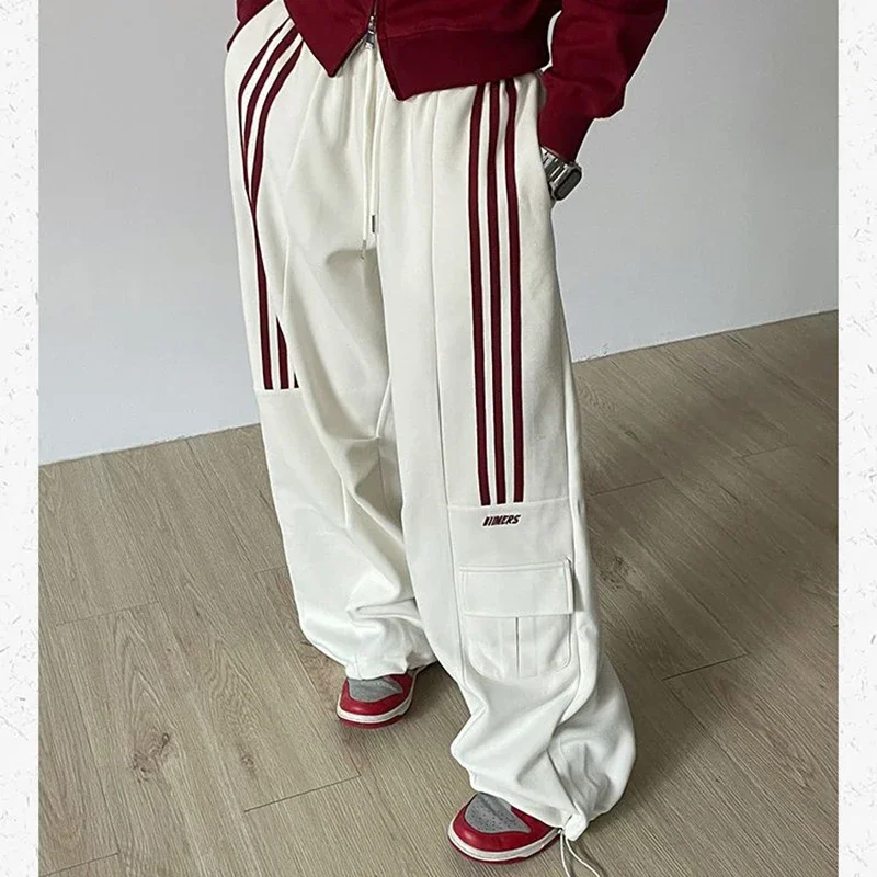 Oversize Vintage Sweat Pants Women American Y2K Street Loose Pockets Wide Leg Straight Trousers Solid Stripes Drawstring Bottoms