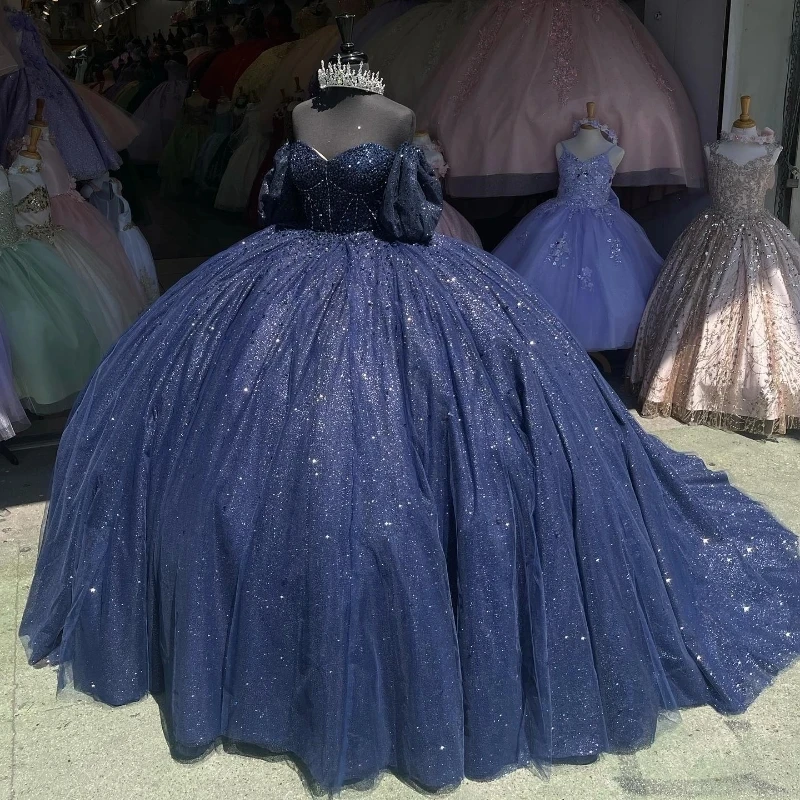 

Sparkly Princess Navy Blue Off Shoulder Quinceanera Dresses 2024 Sweetheart Beads Sweet 16 Ball Gown Vestidos De 15 Años