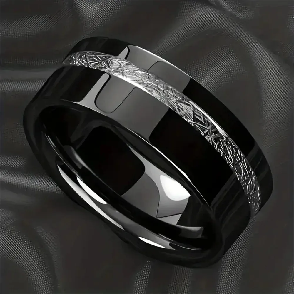 Vintage Silver Color Meteorites Inlaid Fashion 8mm Black Stainless Steel Ring For Men Promise Ring Men Wedding Band Jewelry Gift