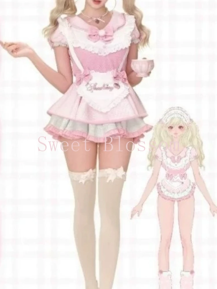 

Тонкие топы с бантом + пышная юбка на бретелях, новый милый кружевной лоскутный модный летний костюм Лолиты, японский JK Kawaii Sweet, комплект из 2 предметов для женщин