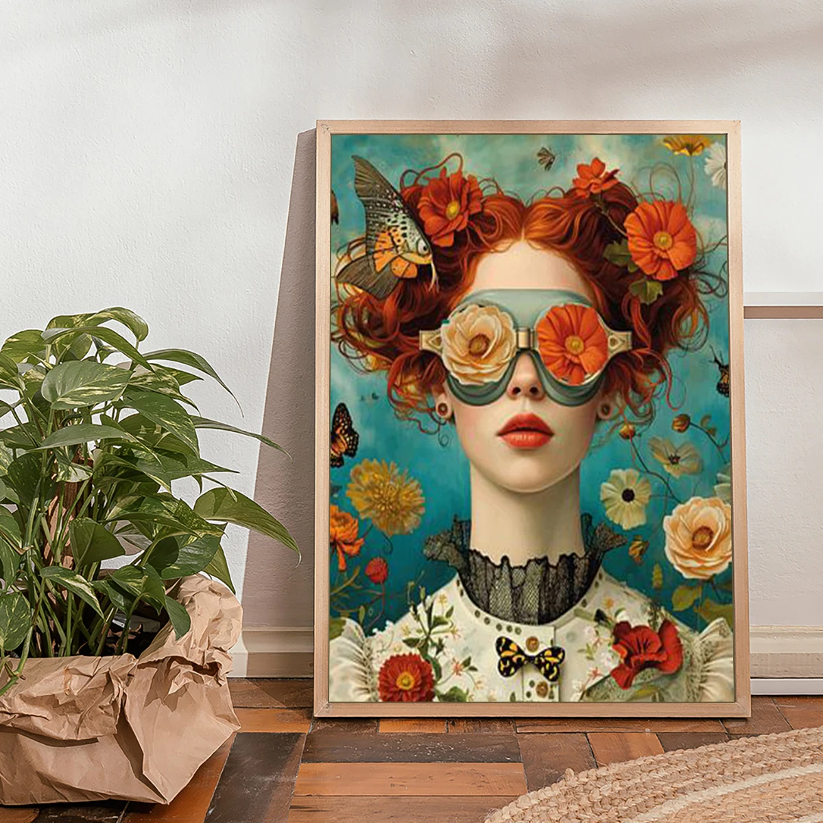 Beautiful woman with eyes and flower head print female portrait art feminism art painting portrait with flowers art print canvas