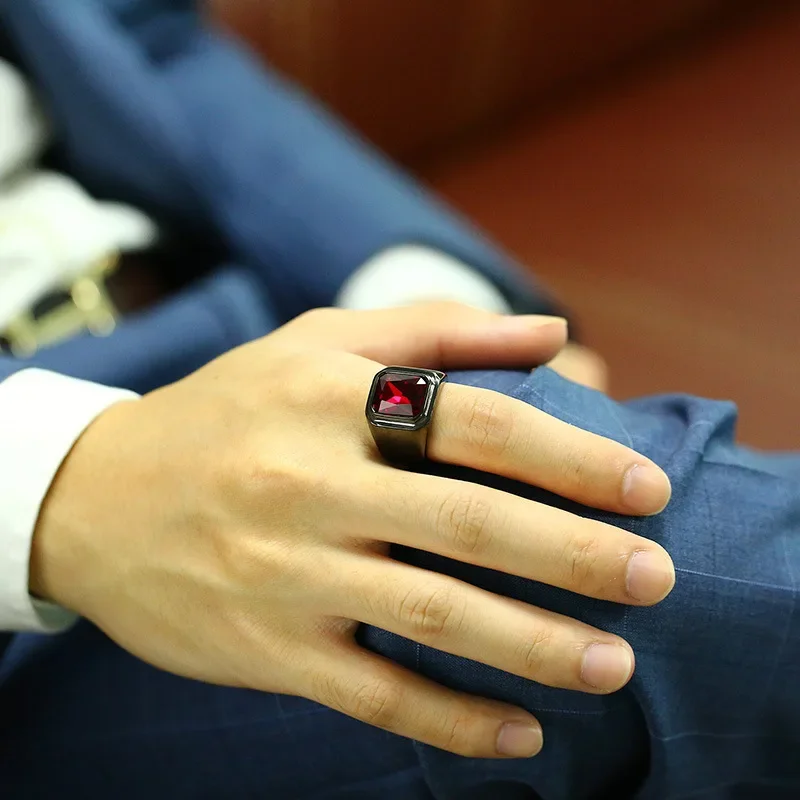 Black/Gold Plated Stainless Steel Men\'s Ring Square Red Zircon Stone Classic Signet Rings