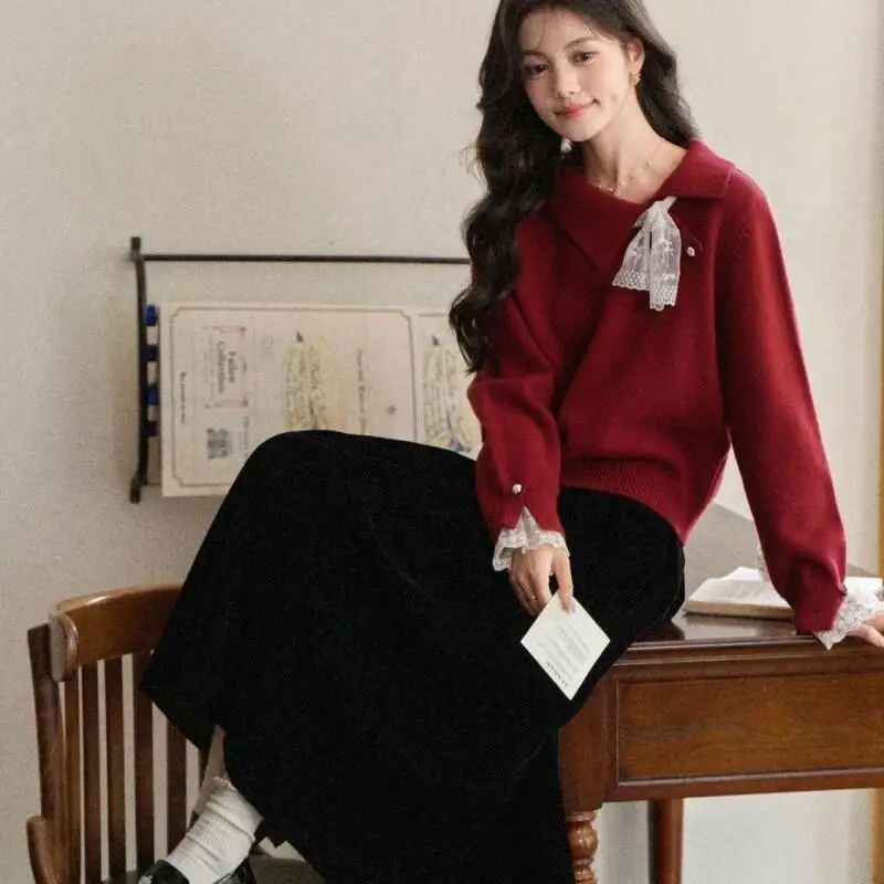 

Grey Knitted Sweater Women Loose Long Sleeve Pullover Winter Warm Casual Outerwear Soft Autumn Fashion Peter Pan Collar Tops