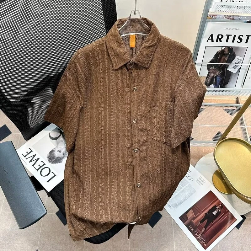 

Мужские японские свободные рубашки в стиле ретро с короткими рукавами и драпировкой, модные однотонные универсальные топы, повседневные мужские рубашки с рюшами, куртка