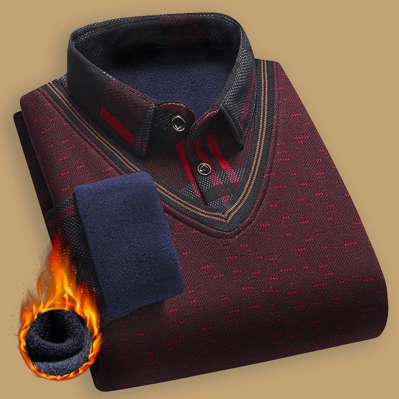 New Autumn Winter Sweaters Men's Velvet Pullover Knitted Bottom Shirts Men's Polo Pullover Wine Red Fleeced Knitwear