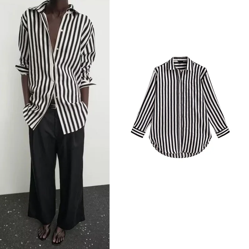

Loose Fit Striped Long Sve irt MD Early Autumn New Sle Casual Faion OL Turn-down Collar Linen irt for Young Women