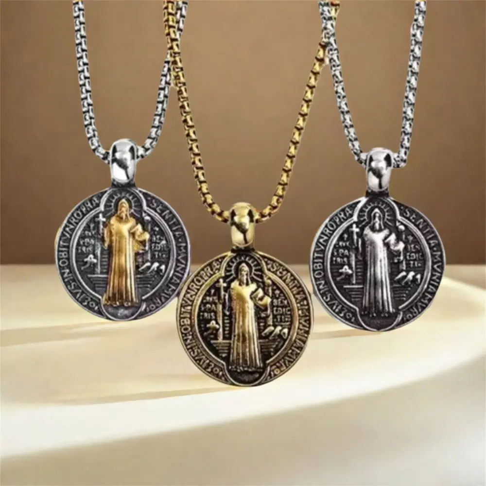 

3Pcs Double Sided Saint Benedict Pendant Necklace Gold Silver Color Zinc Alloy Exorcism Symbol Neckchain Personalized Exquisite