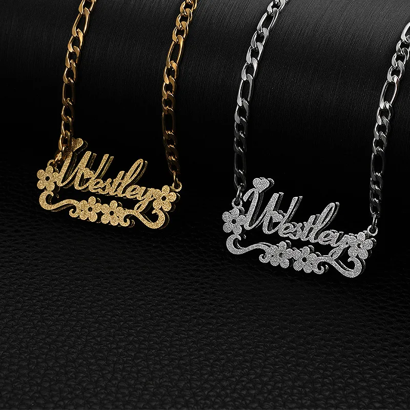 Lateefah Fashion Stainless Steel Double-layer Flower Heart Custom Name Cut Frosted Necklace