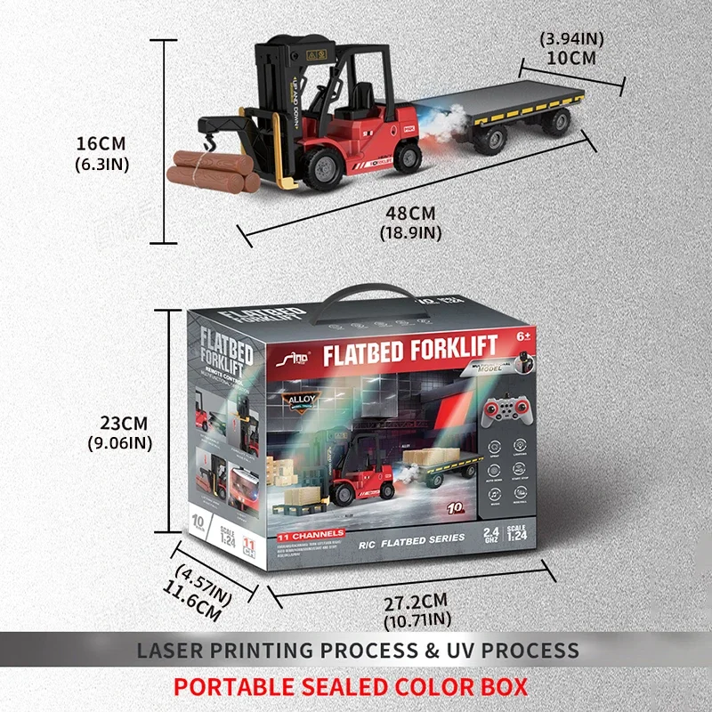 Carretilla elevadora con Control remoto, 2,4G, 1/24, con luces de pulverización, tablero de carretilla elevadora de 4 canales, vehículo de ingeniería de baja elevación, juguetes para niños