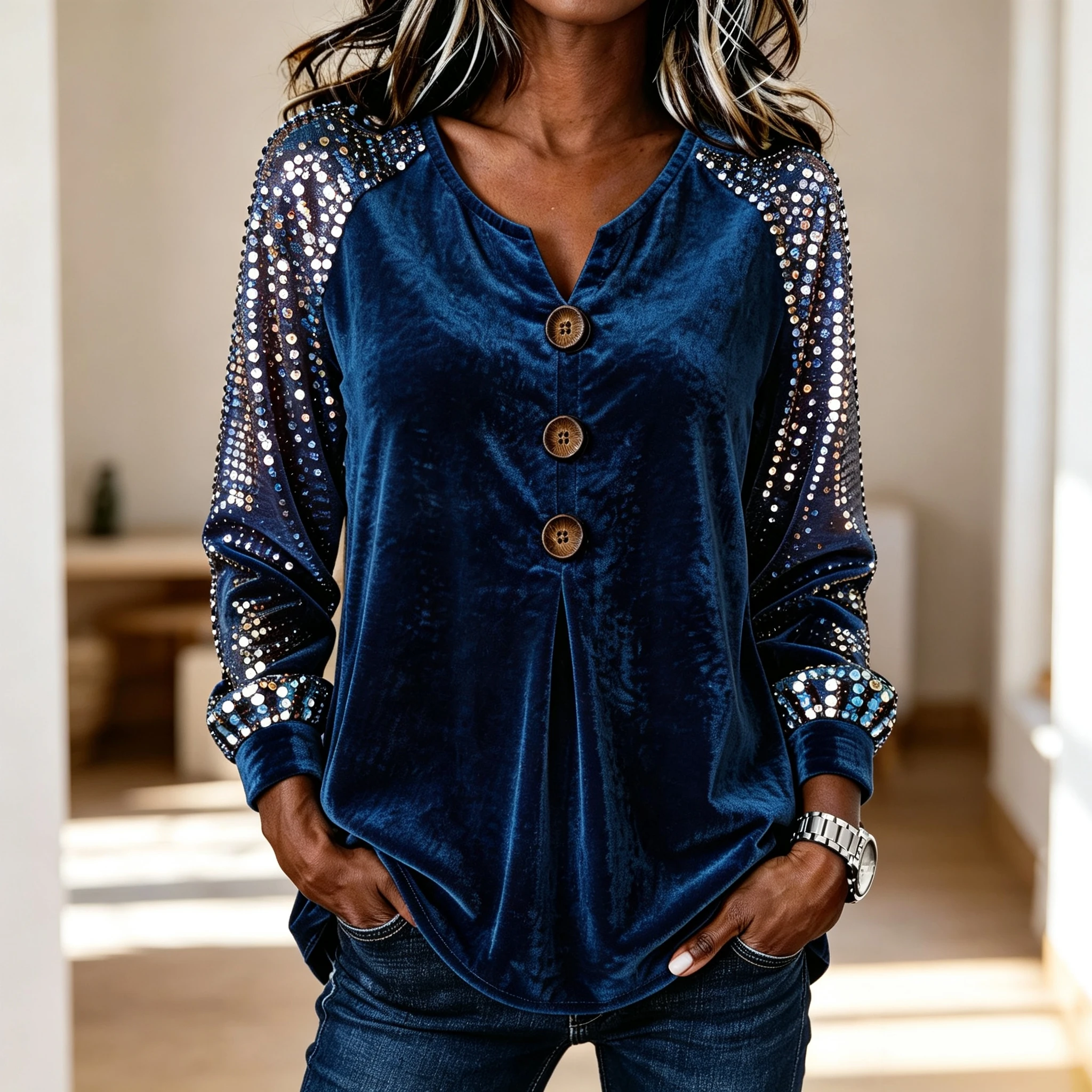 เสื้อเบลาส์แขนยาวผ้ากำมะหยี่สำ - Blouses บทวิจารณ์และราคา