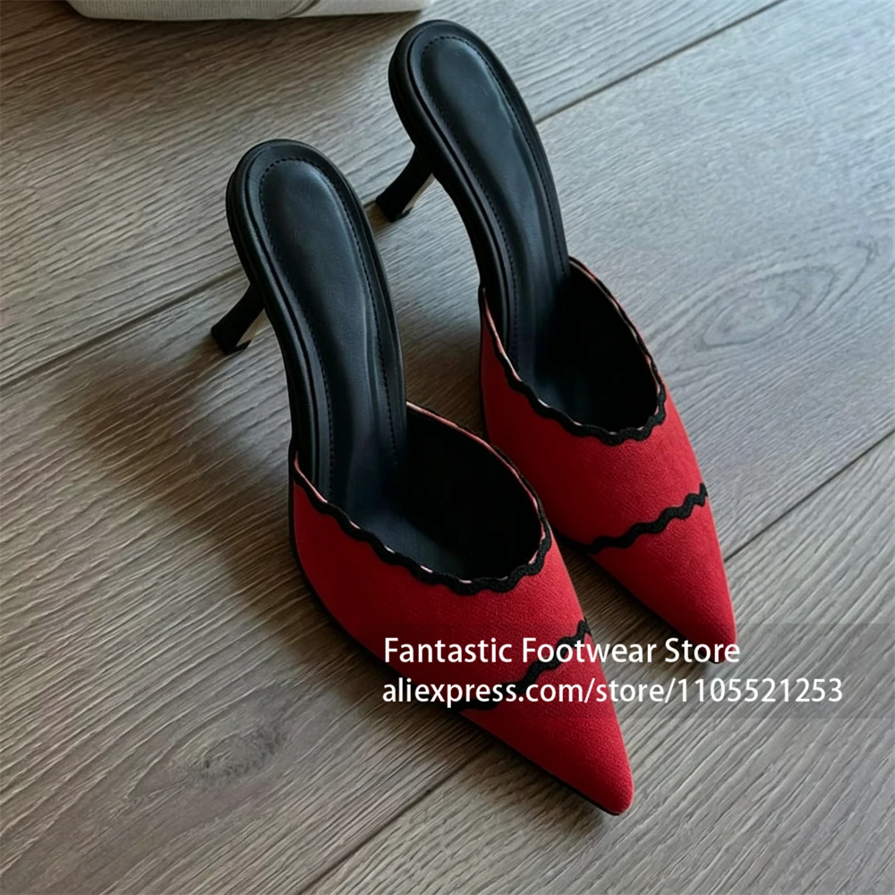 Canvas Wave Trim Mules Pointed Toe Slip on Stiletto Slippers Elegant Style Cute Summer Shoes Customizable Handmade High Heels