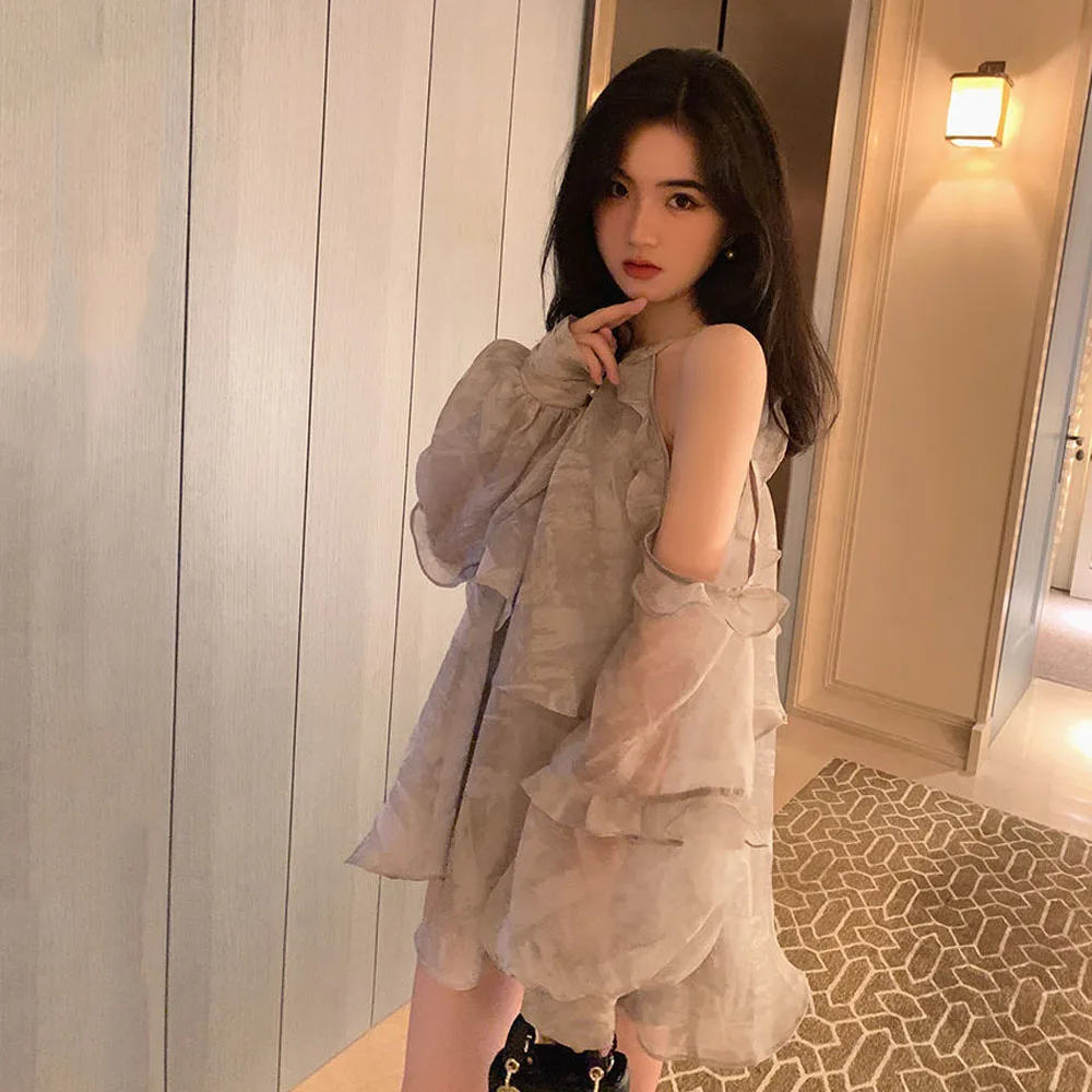 2023 Summer Hollow Loose Halter Blouses Korean Elegant Ladies Tops Shoulderless Chiffon Solid Ruffle Shirts Puff Sleeves Blusas