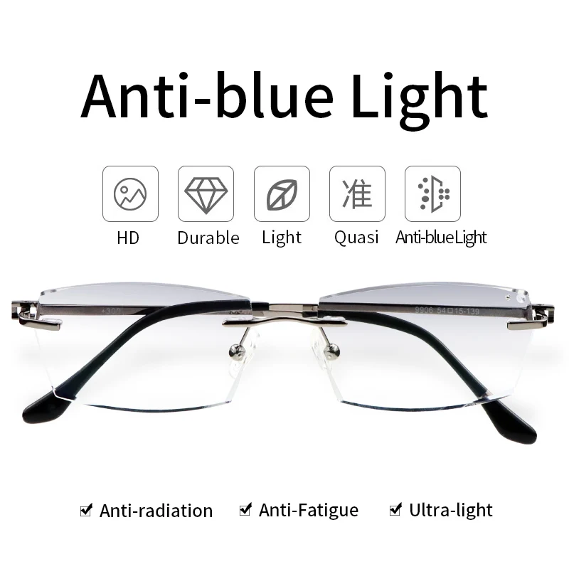 

Hard Resin Lens Rimless Reading Glasses for Men, Anti Blue Ray Anti-fatigue Presbyopia Eyeglasses Diopters To +4.0