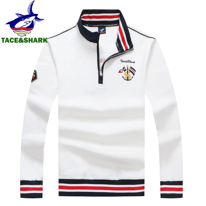 

TACE&SHARK Brand Shark Embroidery Long Sleeve Polo Autunn Half Zipper Turtleneck Sweater Men Knitted Pullovers Mens Clothing