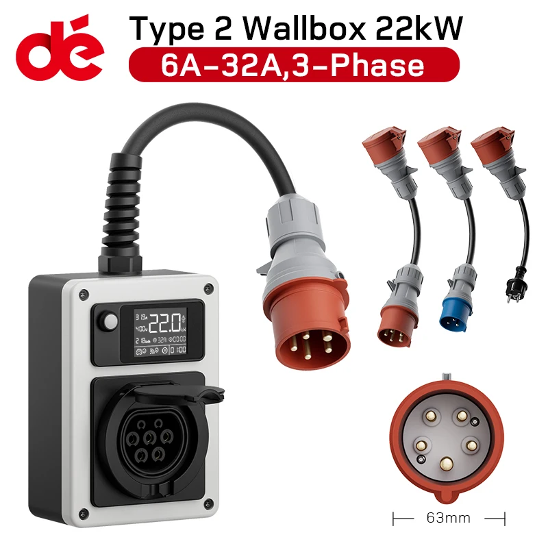 dé 22kW Wallbox Mobile EV Charger CEE Plug Vermelho para Tipo 2 Tomada 32A 3 Fase Parede Carga Estação RFID Controle Para Carro Elétrico