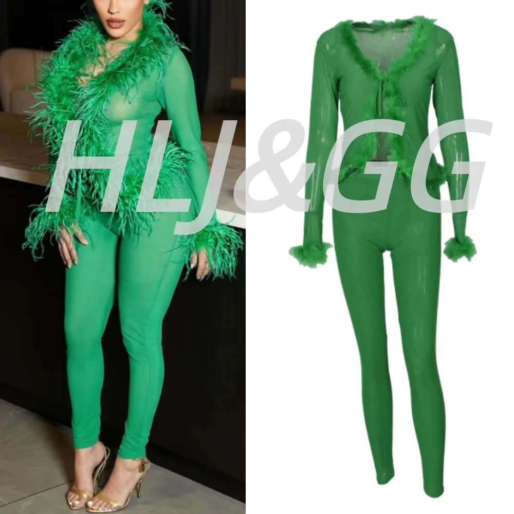 

HLJ&GG Fashion Feather Splicing Mesh Two Piece Sets Women Deep V Long Sleeve Slim Top And Skinny Pants Outfit Sexy 2pcs Clubwear
