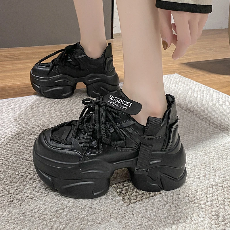 8CM Autumn Spring Women Non-slip High Platform Shoes Wedge Heels Casual Height Increasing Chunky Sneakers Women Leather Shoes