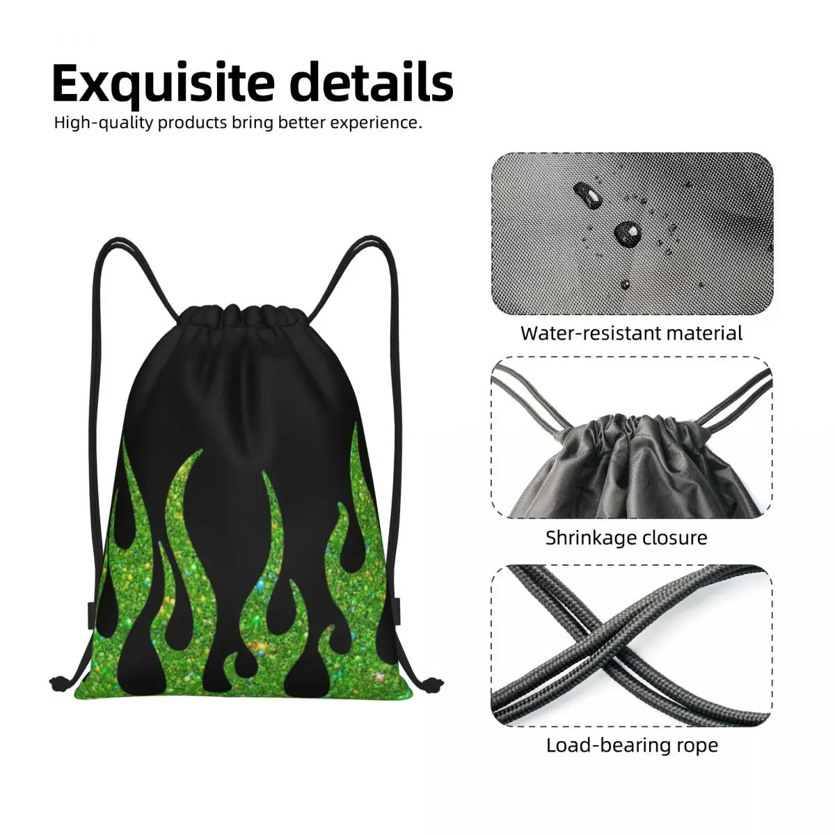 Custom Green Glitter Flames Drawstring Bags para homens e mulheres, Fire Esthetic, Sports, Gym, Training, Yoga Backpacks, Vintage