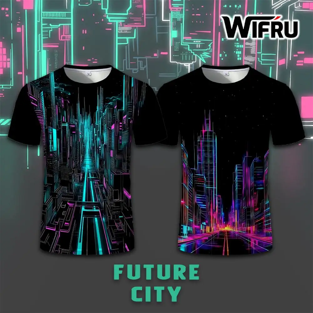 

Future Technology Sense City Graphic T-shirts Punk Style Neon 3D Print Tee WIFRU Street Hip-hop Fashion Casual Short Sleeve Tops