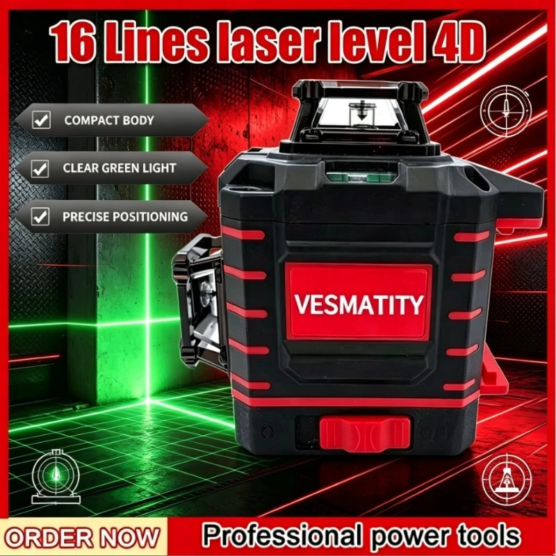 4 Sides*360 Degree Vertical Laser Level Green Beam Self-leveling Vertical 16 Lines Cross Line Lase Tool with Battery