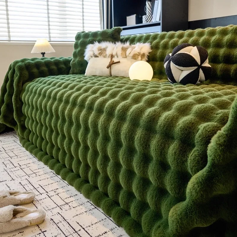 Winter Imitation Rabbit Plush Sofa Cover Full Covered Sofa Blanket Dust Proof Couch Slipcover Solid Color Thickened Soft Warm