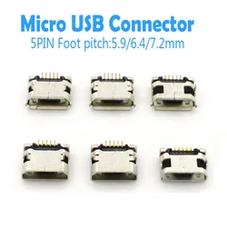 50PCS 5 Pin SMT Socket Connector Micro USB Foot Pitch 5.9/6.4/7.2mm 5P Female Placement DIP Socket Connector