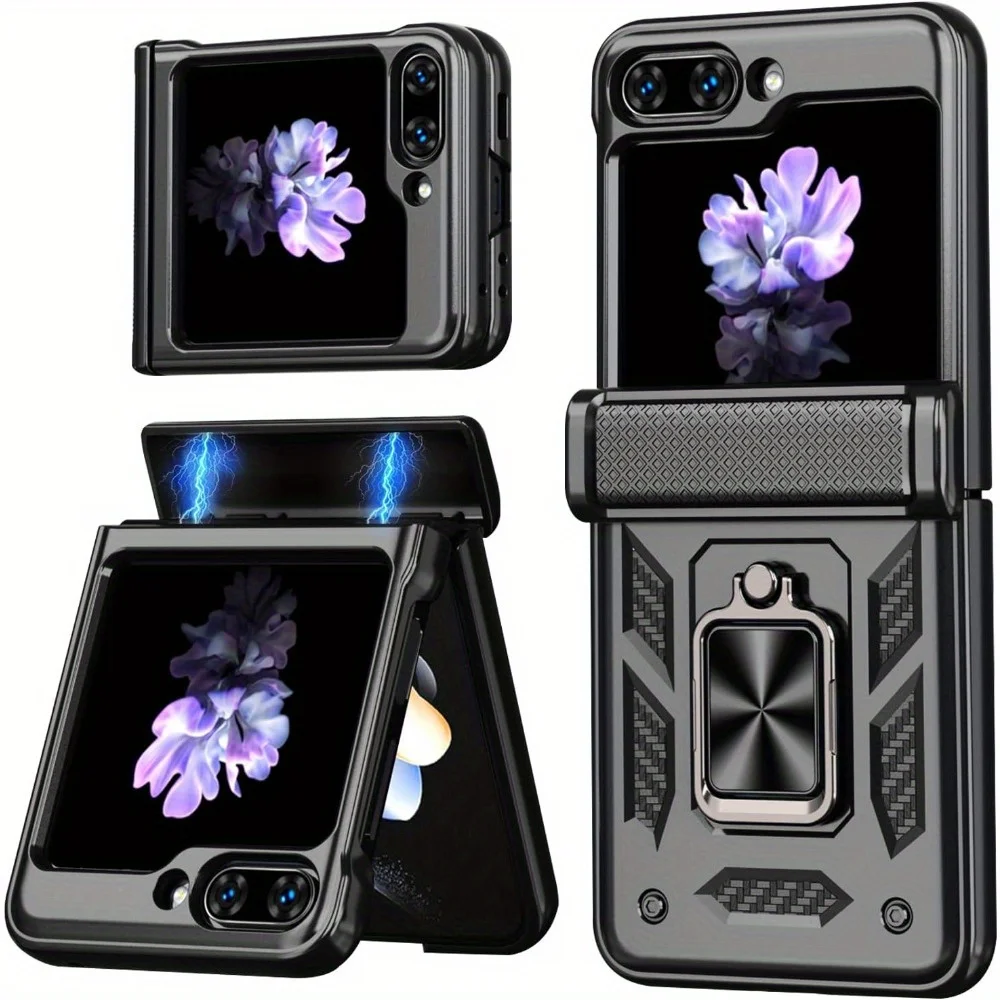 For Samsung Galaxy Z Flip 6 5G Case with Hinge Protection, Ring Kickstand Magnetic Car Mount Shockproof Bumper Phone Case