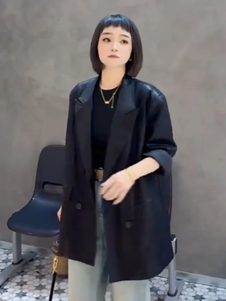 

Женская кожаная куртка Ele Simple Unique Design: модная, универсальная, весна 2025, в корейском стиле, ретро, индивидуальный дизайн