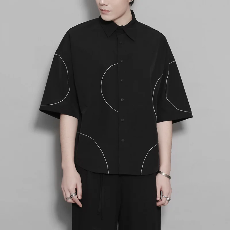 MWJLPWQ Men Oversized Short Sleeve Button Shirt Curved Contrast Stitch Minimalist Street Casual Top For Daily Simple Urban 16755