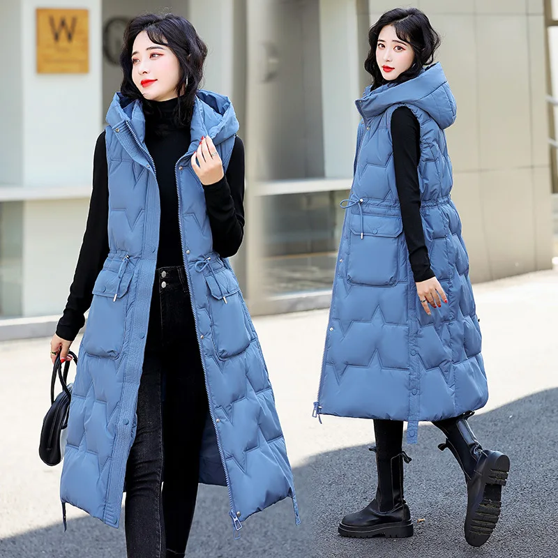 New Sleeveless Jacket Women Casual Long Down Cotton Vest Autumn Winter Warm Waistcoat Fashion Windproof Hooded Parka Overcoat