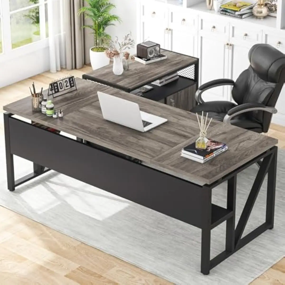 L-shaped home office set with expansive 63-inch workstation and matching 32-inch lateral file unit featuring dual storage tiers,