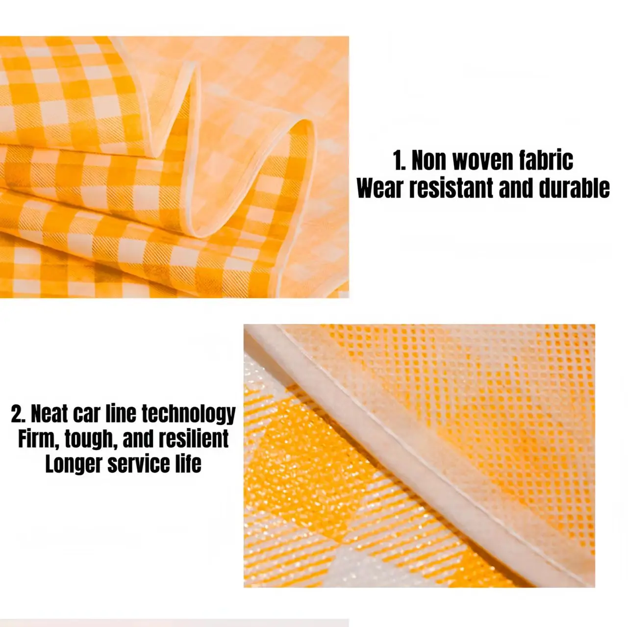Picnic Mat Fabric Construction Close-up views of the yellow picnic mat showing soft fabric and layered construction