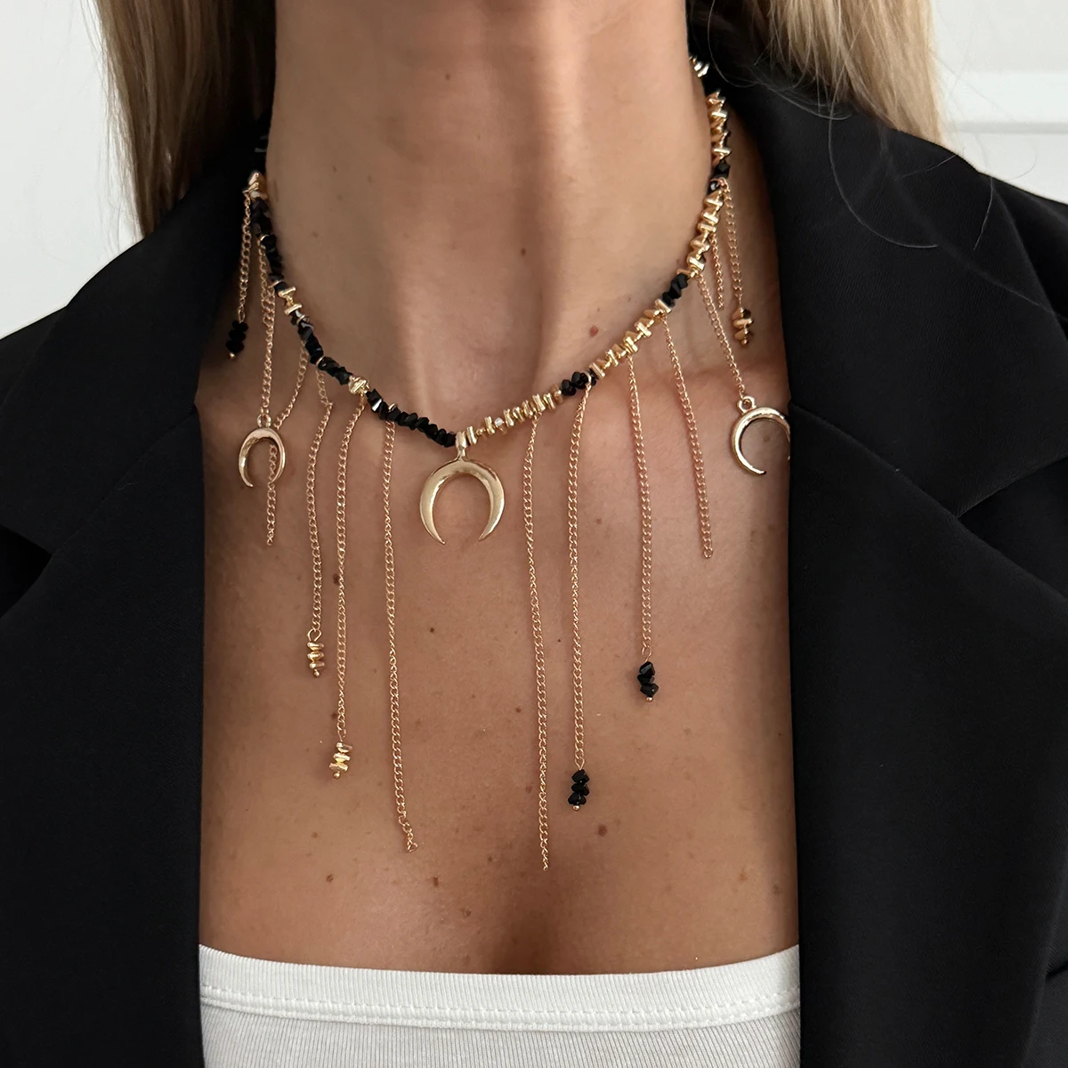 SHIXIN Creative Black Crystal Chain Chokers Necklace Women 2026 Fashion Metal Tassel Moon Pendant Necklace Jewelry on the Neck