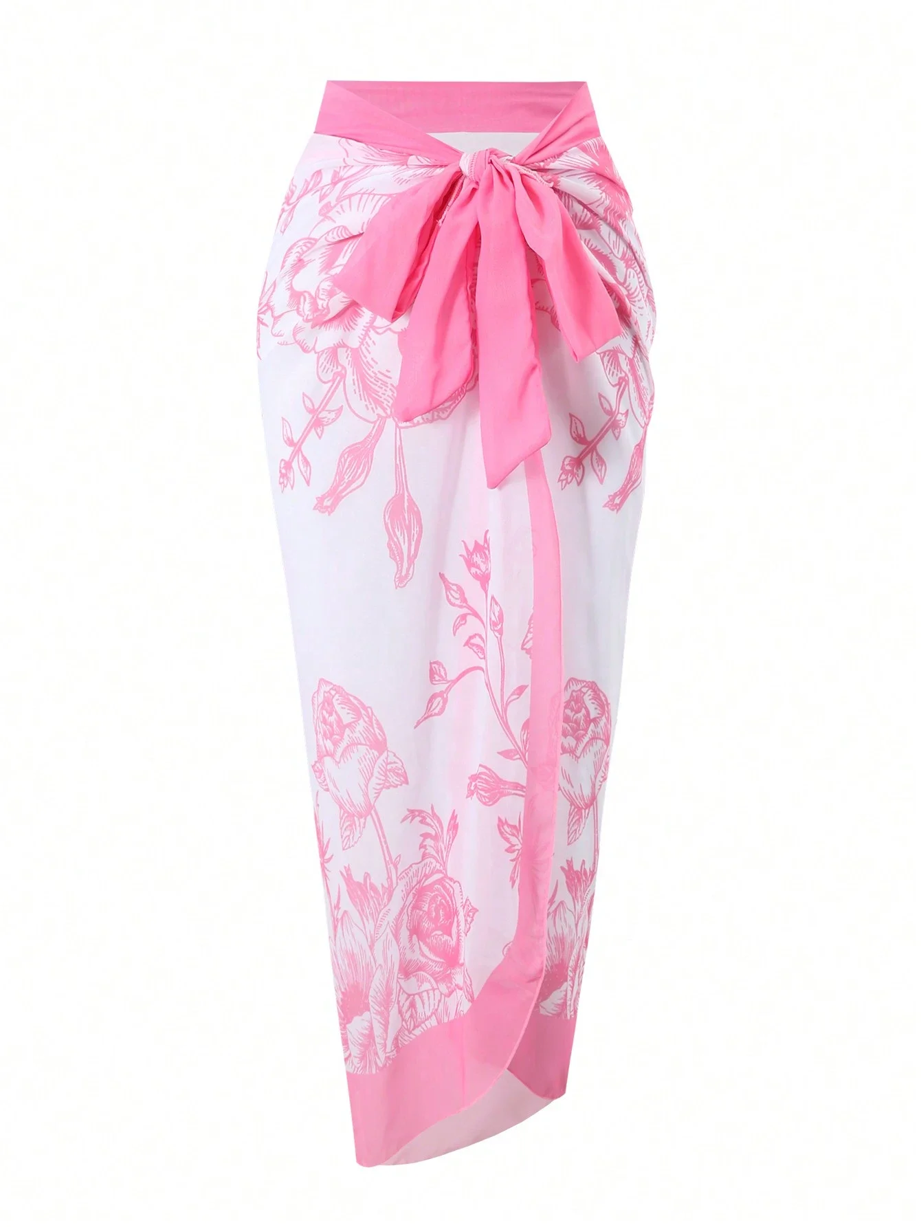 

Elegant Pink Floral One-Piece Swimsuit With Attached Wrap Skirt For Beach, Spa, And Summer Holiday Wear
