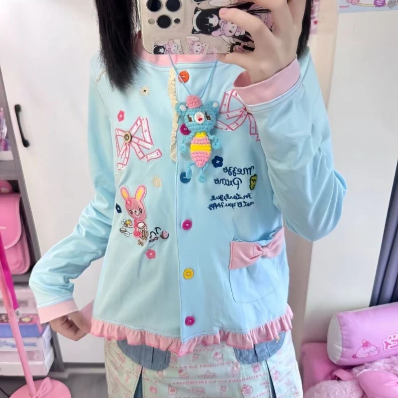 

Японское пальто в стиле Лолиты с милым мультяшным кроликом и вышивкой, женское пальто в стиле каваи с оборками в стиле пэчворк, свободная верхняя одежда с радужными пуговицами, милые куртки Y2k