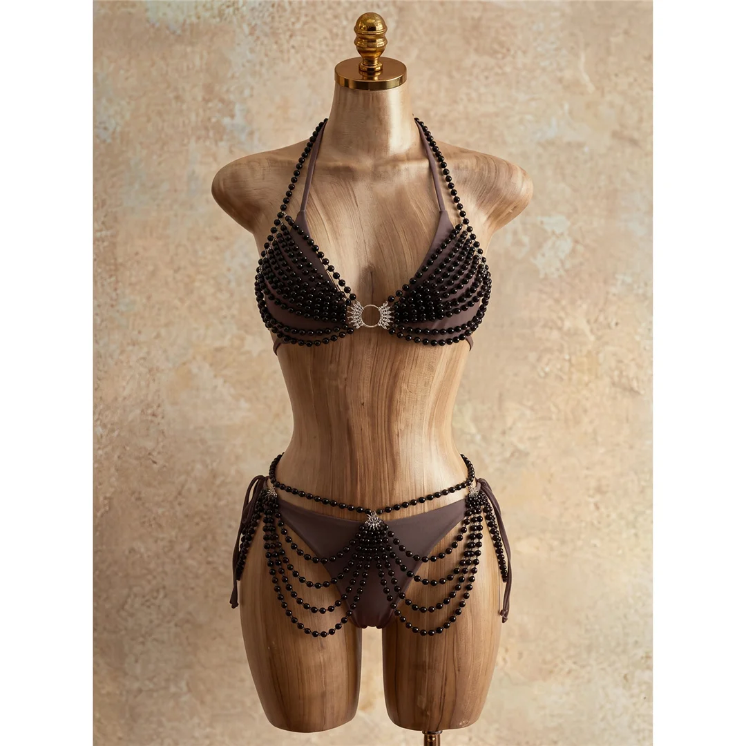 Perlen-Überwurf-Bikini, Damen-Badeanzug, Damen-Bademode, vierteiliges Bikini-Set, hoch geschnittene Beine, Badeanzug, Badebekleidung, V8222 – Detail 4