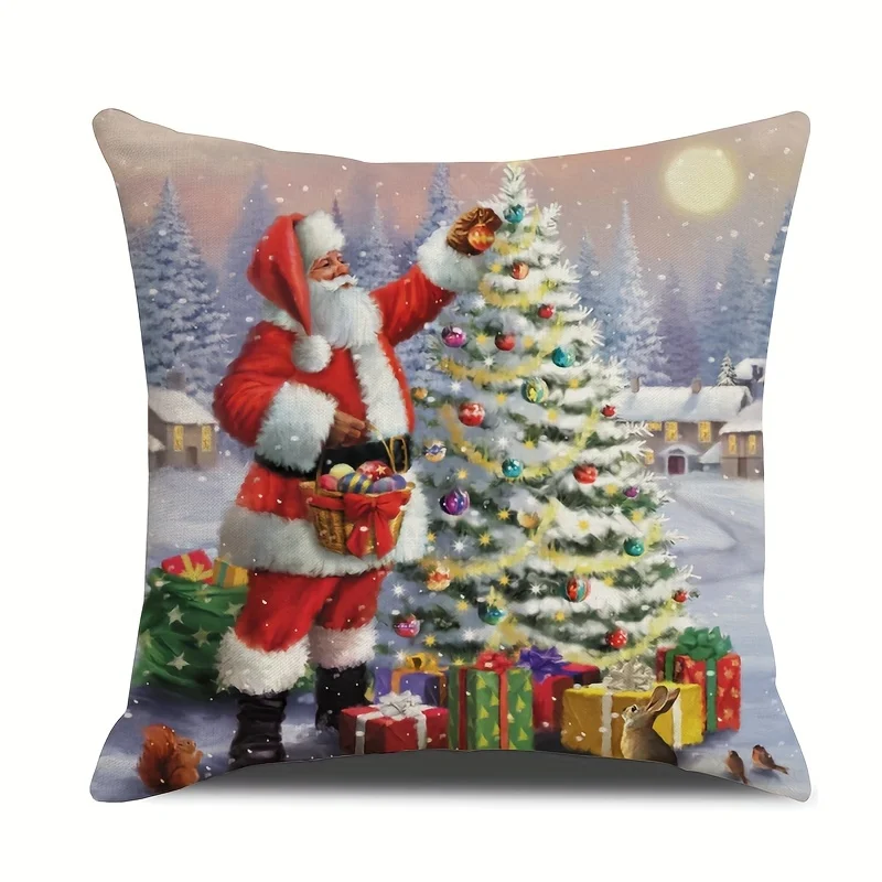 Linen Christmas Single-sided Printed Throw Pillowcase, Printed Throw Pillowcase, Throw Pillowcase Decoration,Home ,Room Decora