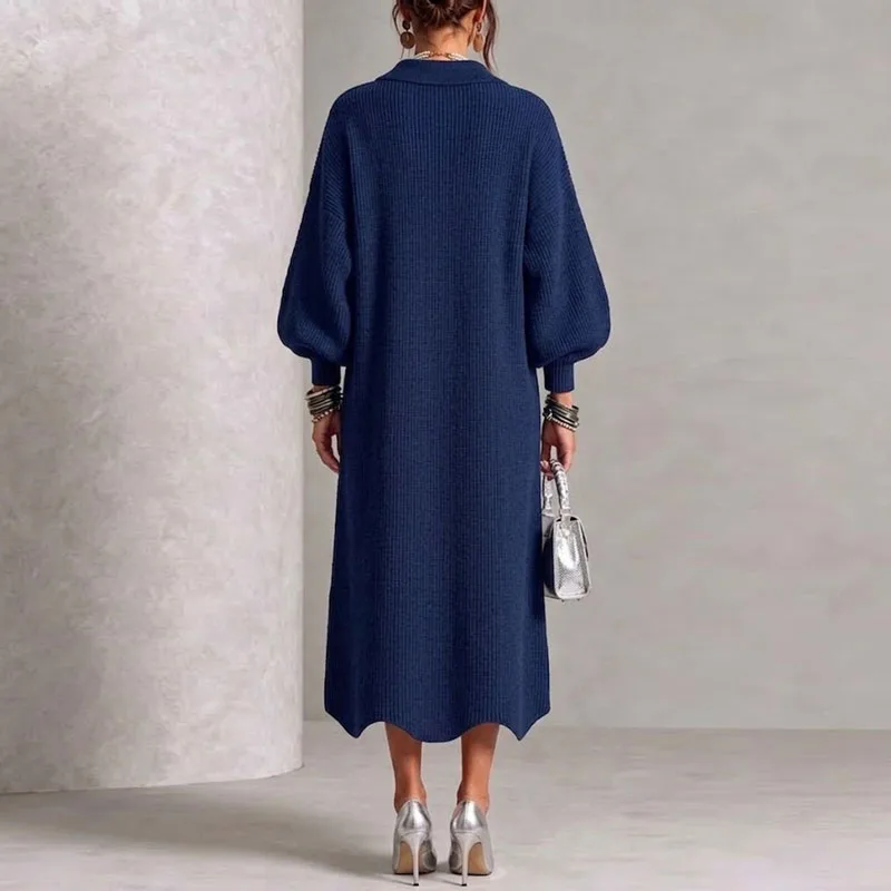Women Solid Knit Cardigan Dress Lapel Collar Puff Lantern Sleeve Big Button Front Maxi Dress New Winter Open Front Sweater Dress