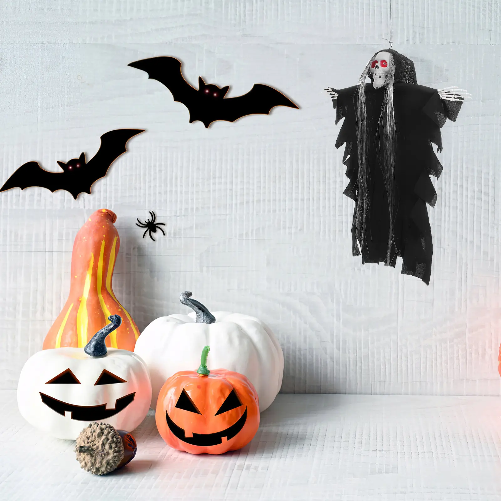 3Pcs Halloween Sound-Activated Glowing Skull Ghost Hanging Decor Long Hair Haunted Props Scary Tree Ornaments