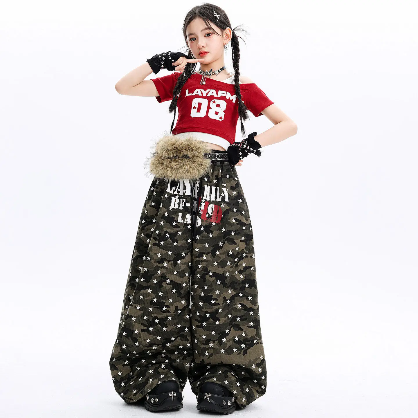 Kid Kpop Hip Hop Clothing Red Tie Strap One Shoulder Crop T Shirt Camo Stars Wide Pants for Girls Street Dance Costumes Clothes