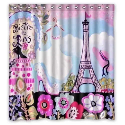 Girls Romantic Shower Curtains,Dressed Beautiful and Go to Paris Polyester Fabric Waterproof Shower Curtains