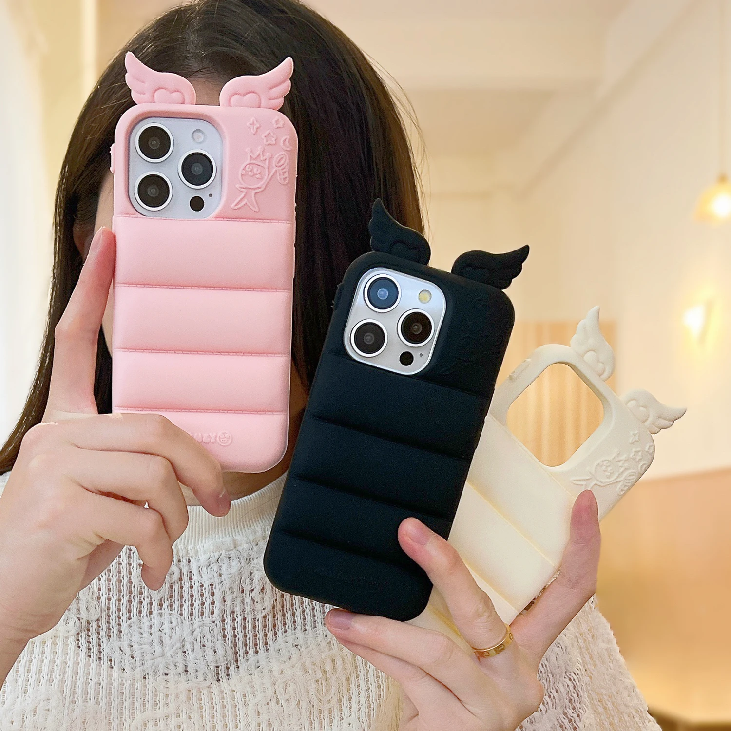 

3D Curve Shockproof Pretty Color Angle Wing Soft Silicone Phone Case Back Cover For iPhone 16 Pro, 15Pro 14 13 12 16 Pro Max