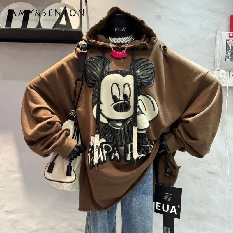 2024 New Autumn y2k Clothes Pullovers Women\'s Autumn Korean Style Loose And Thin Beads Cartoon Printing Long-sleeved Sweatshirts