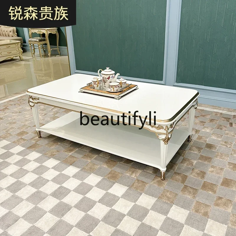 French solid wood coffee table, luxury rectangular solid wood carving double-layer tea table living room furniture6220